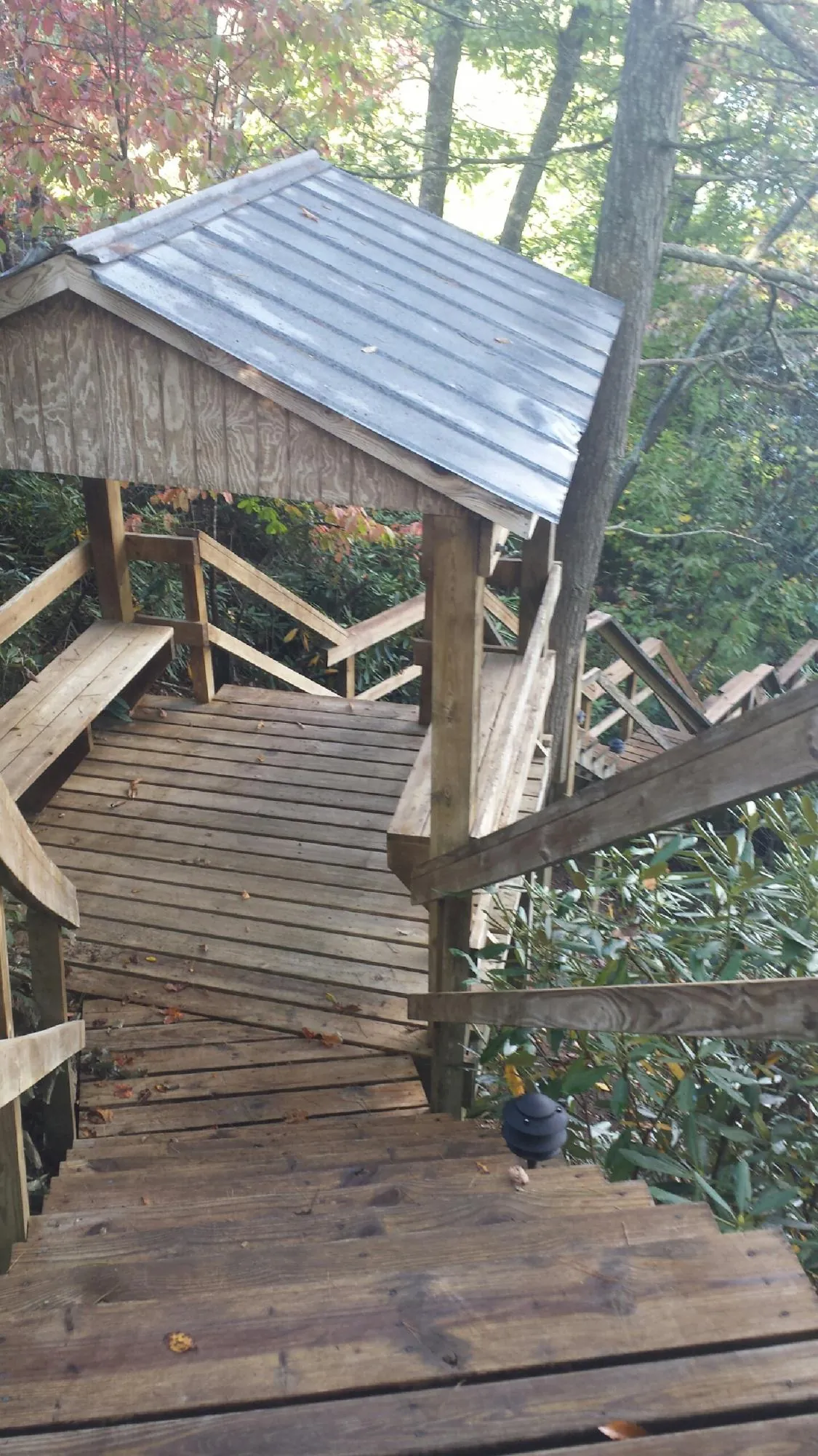 Metal roofed shelter over wooden steps on a wooded walkway — Skylight Repair & Installation work by our crew in Shedd